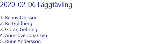 2020-02-06 Läggtävling 1. Benny Ohlsson 2. Bo Goldberg 3. Göran Gebring 4. Ann-Tove Johansen 5. Rune Andersson