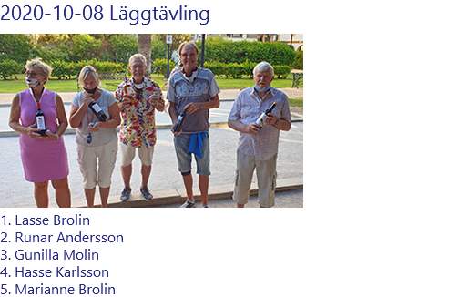 2020-10-08 Läggtävling ﷯ 1. Lasse Brolin 2. Runar Andersson 3. Gunilla Molin 4. Hasse Karlsson 5. Marianne Brolin