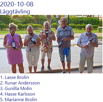 2020-10-08 Läggtävling ﷯ 1. Lasse Brolin 2. Runar Andersson 3. Gunilla Molin 4. Hasse Karlsson 5. Marianne Brolin