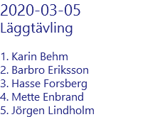 2020-03-05 Läggtävling 1. Karin Behm 2. Barbro Eriksson 3. Hasse Forsberg 4. Mette Enbrand 5. Jörgen Lindholm