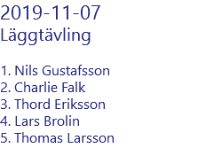 2019-11-07 Läggtävling 1. Nils Gustafsson 2. Charlie Falk 3. Thord Eriksson 4. Lars Brolin 5. Thomas Larsson