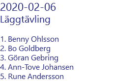 2020-02-06 Läggtävling 1. Benny Ohlsson 2. Bo Goldberg 3. Göran Gebring 4. Ann-Tove Johansen 5. Rune Andersson