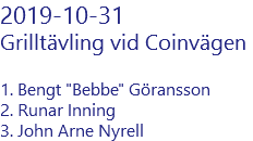 2019-10-31 Grilltävling vid Coinvägen 1. Bengt "Bebbe" Göransson 2. Runar Inning 3. John Arne Nyrell