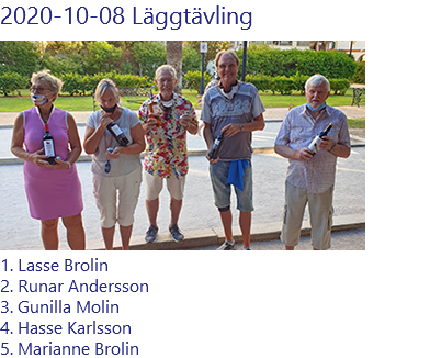 2020-10-08 Läggtävling ﷯ 1. Lasse Brolin 2. Runar Andersson 3. Gunilla Molin 4. Hasse Karlsson 5. Marianne Brolin