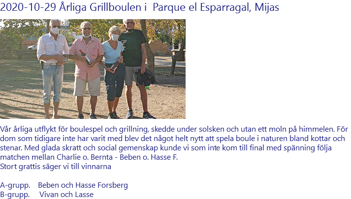 2020-10-29 Årliga Grillboulen i Parque el Esparragal, Mijas ﷯ Vår årliga utflykt för boulespel och grillning, skedde under solsken och utan ett moln på himmelen. För dom som tidigare inte har varit med blev det något helt nytt att spela boule i naturen bland kottar och stenar. Med glada skratt och social gemenskap kunde vi som inte kom till final med spänning följa matchen mellan Charlie o. Bernta - Beben o. Hasse F. Stort grattis säger vi till vinnarna A-grupp. Beben och Hasse Forsberg B-grupp. Vivan och Lasse