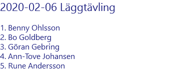 2020-02-06 Läggtävling 1. Benny Ohlsson 2. Bo Goldberg 3. Göran Gebring 4. Ann-Tove Johansen 5. Rune Andersson