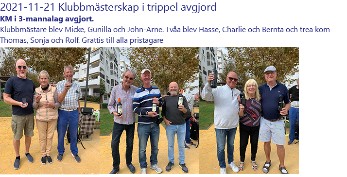 2021-11-21 Klubbmästerskap i trippel avgjord KM i 3-mannalag avgjort.  Klubbmästare blev Micke, Gunilla och John-Arne. Tvåa blev Hasse, Charlie och Bernta och trea kom Thomas, Sonja och Rolf. Grattis till alla pristagare ﷯﷯﷯